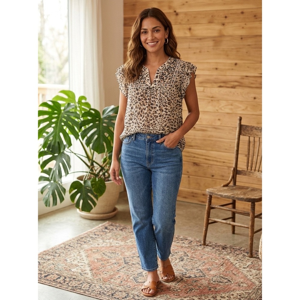 Anneliese Blouse Womens M Leopard Print Embroidered Flutter Sleeve V-Neck